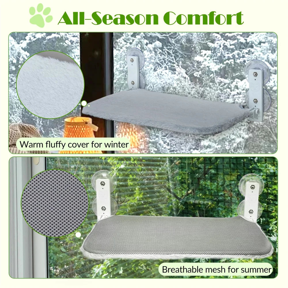 Foldable Cat Window Hammock Bed Seat with 4 Suction Cups Reversible Two Fabrics 40Lbs Load Glass Mounted for Sunbathing