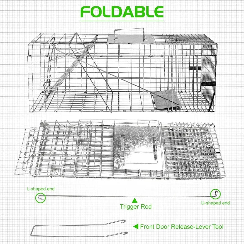 32" Live Animal Cage Trap, Heavy Duty Folding Raccoon Traps, Humane Cat Trap for Stray Cats, Raccoons, Squirrel, Skunk, M