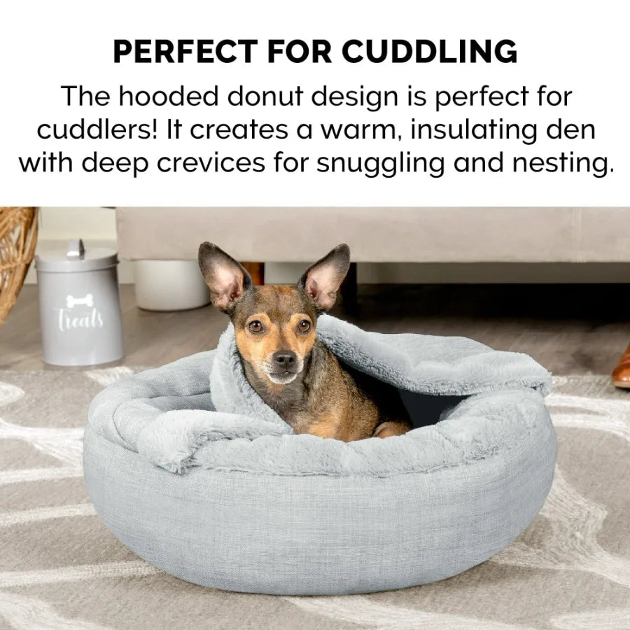 Plush Performance Linen Hooded Donut Pet Bed for Dogs Cats Mist Gray Extra Small 20 Ideal for Cozy Resting Spaces in Living Roo