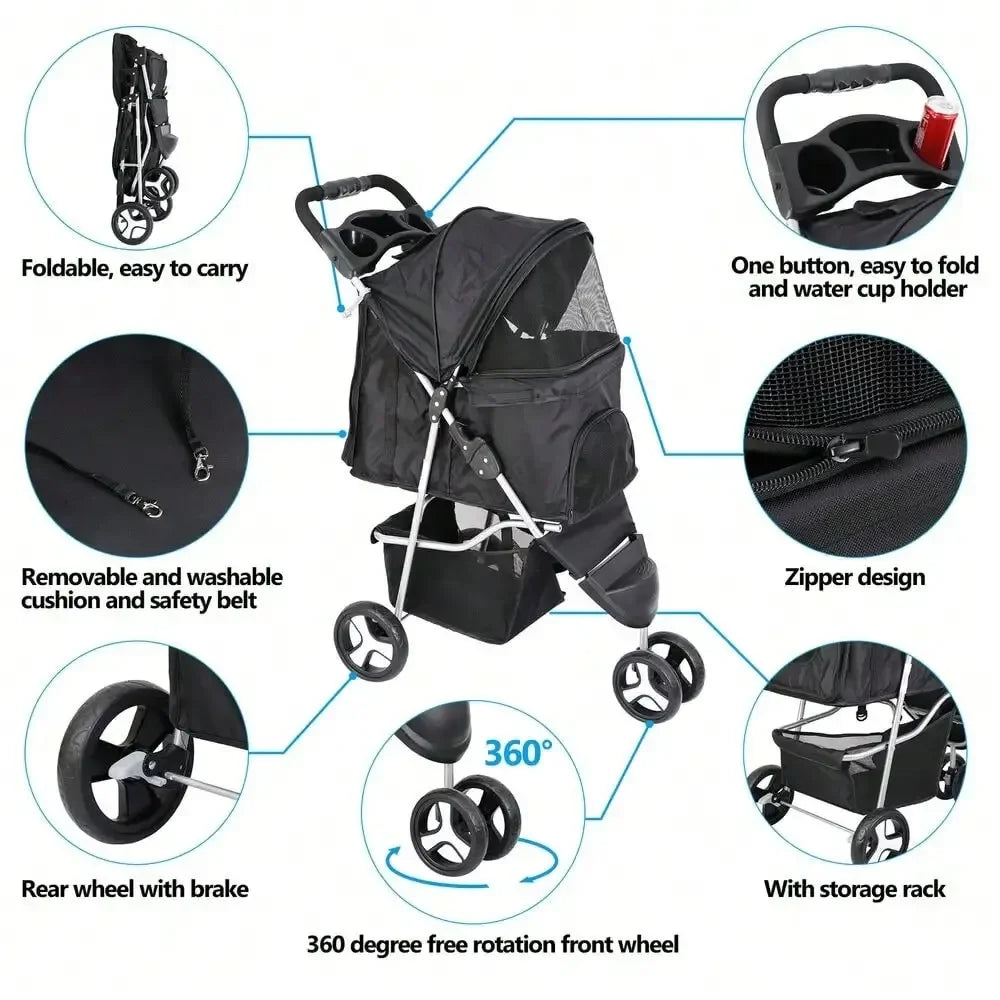 Dog Stroller 3 Wheels Pet Stroller Foldable Dog Cat Carrier Strolling w/Cup Hold