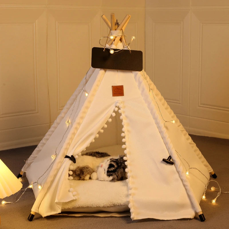 Winter Pet Teepee Tent w/ Dual-Sided Cushion, Warm Plush Side, Anti-Slip Base, Stabilizers, Fully Washable - Ideal for Dogs cats