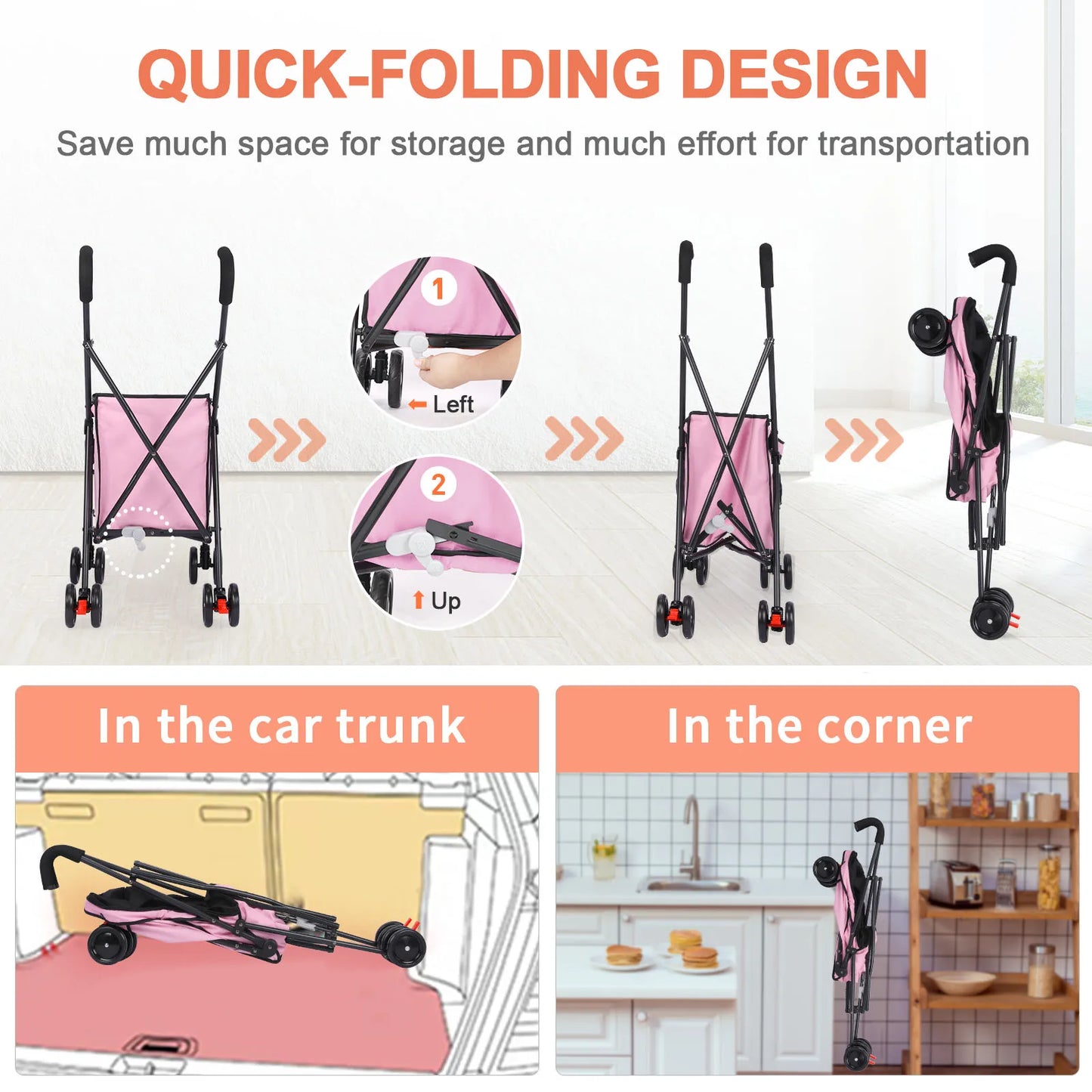 Wedyvko Shopping Trolley 33lbs 4 Wheels Dog Stroller Rotate Pink Pet Puppy StrollerTravel Hand Cart Folding einkaufswagen