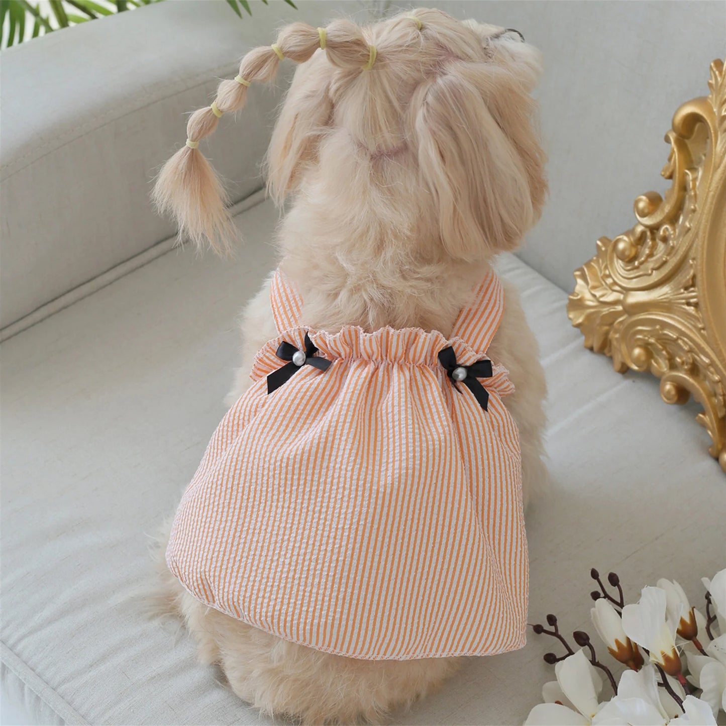 Cute Floral Print Sleeveless Dog Dress with Bowknot Summer Princess Pet Clothes for Puppy and Kittens Fashionable Striped Cat