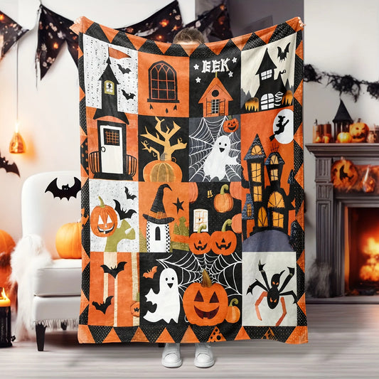 Flannel Halloween Throw Blanket - Contemporary Style, Seasonal Autumn Theme, Soft Polyester, Knitted Weave, Digital Print, Spook
