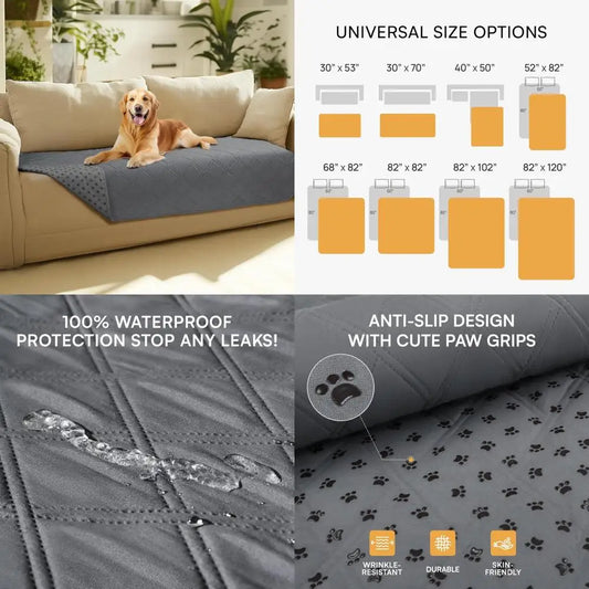 100% Waterproof Couch Cover Blanket for Dogs Anti-Slip Pet Couch Protector Sofa Mat Puppy Cat with Non-Slip Bottom, Grey, 30x70