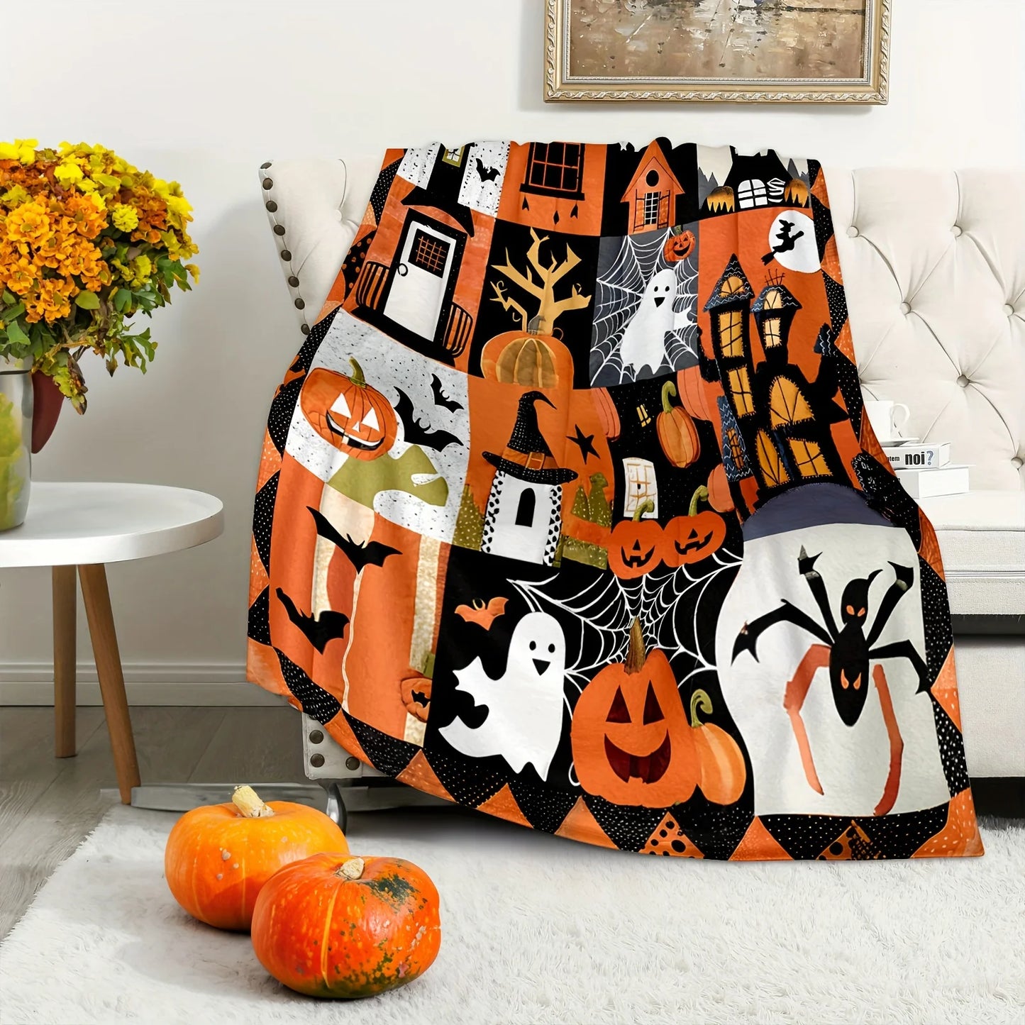 Flannel Halloween Throw Blanket - Contemporary Style, Seasonal Autumn Theme, Soft Polyester, Knitted Weave, Digital Print, Spook