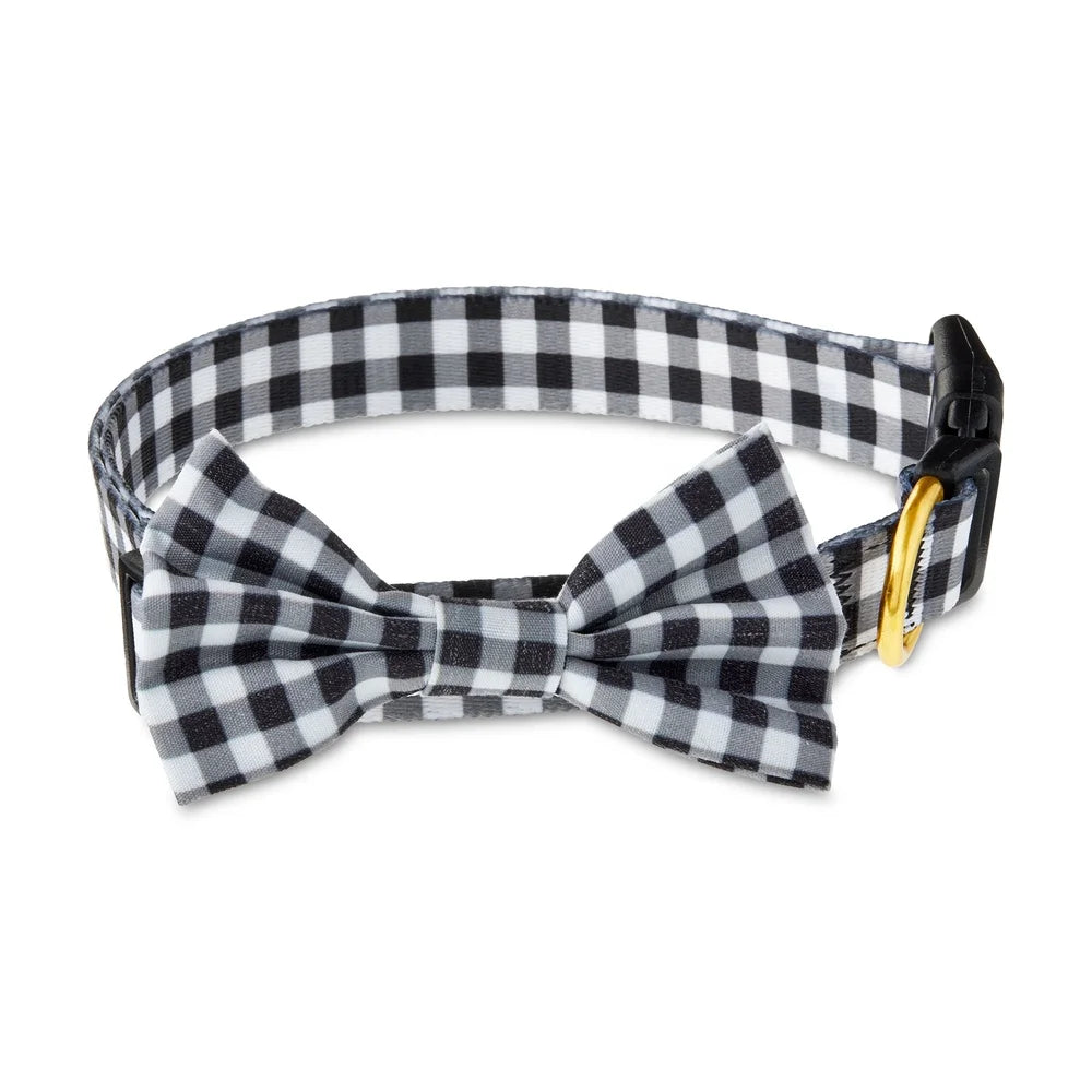 Gingham Bow Tie Dog Collar Adjustable Medium Size Stylish Pet Accessory with Metal D-Ring Leash Attachment