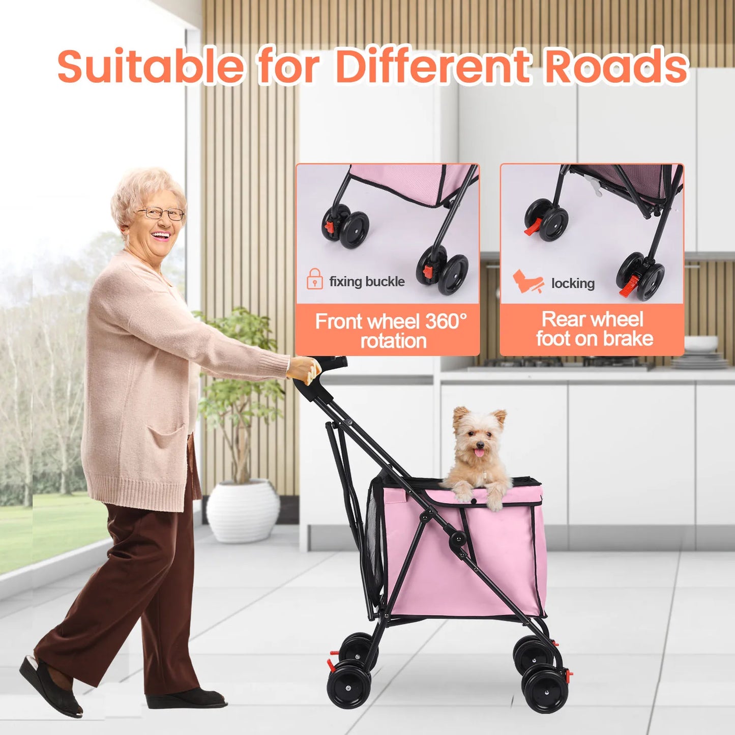 Wedyvko Shopping Trolley 33lbs 4 Wheels Dog Stroller Rotate Pink Pet Puppy StrollerTravel Hand Cart Folding einkaufswagen