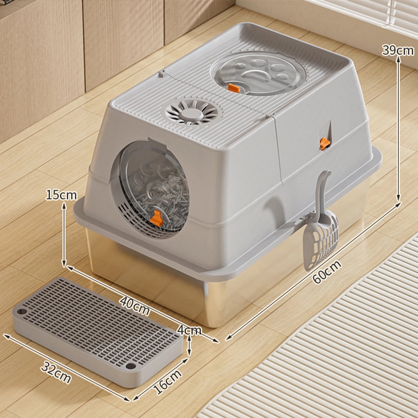 Stainless Steel Cat Litter Box with Lid Large Enclosed High Sided Litter Box Carbon Filters Easy Cleaning Anti-Urine Leakage