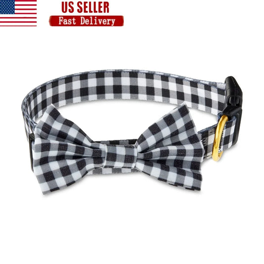 Gingham Bow Tie Dog Collar Adjustable Medium Size Stylish Pet Accessory with Metal D-Ring Leash Attachment