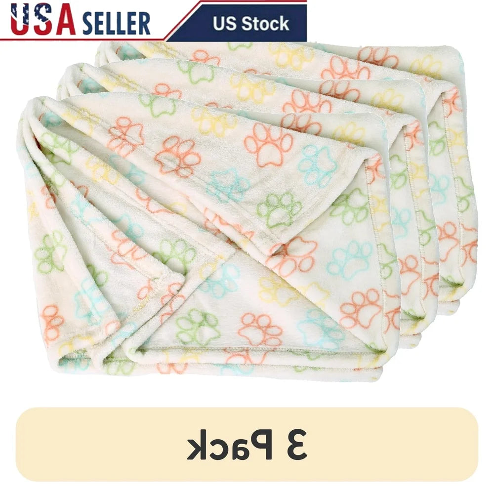 Cozy Plush Throw Blanket 3 Pack Multi-Color Paw Print Soft Machine Washable Pet Blanket Cats Dogs Snuggling Playtime