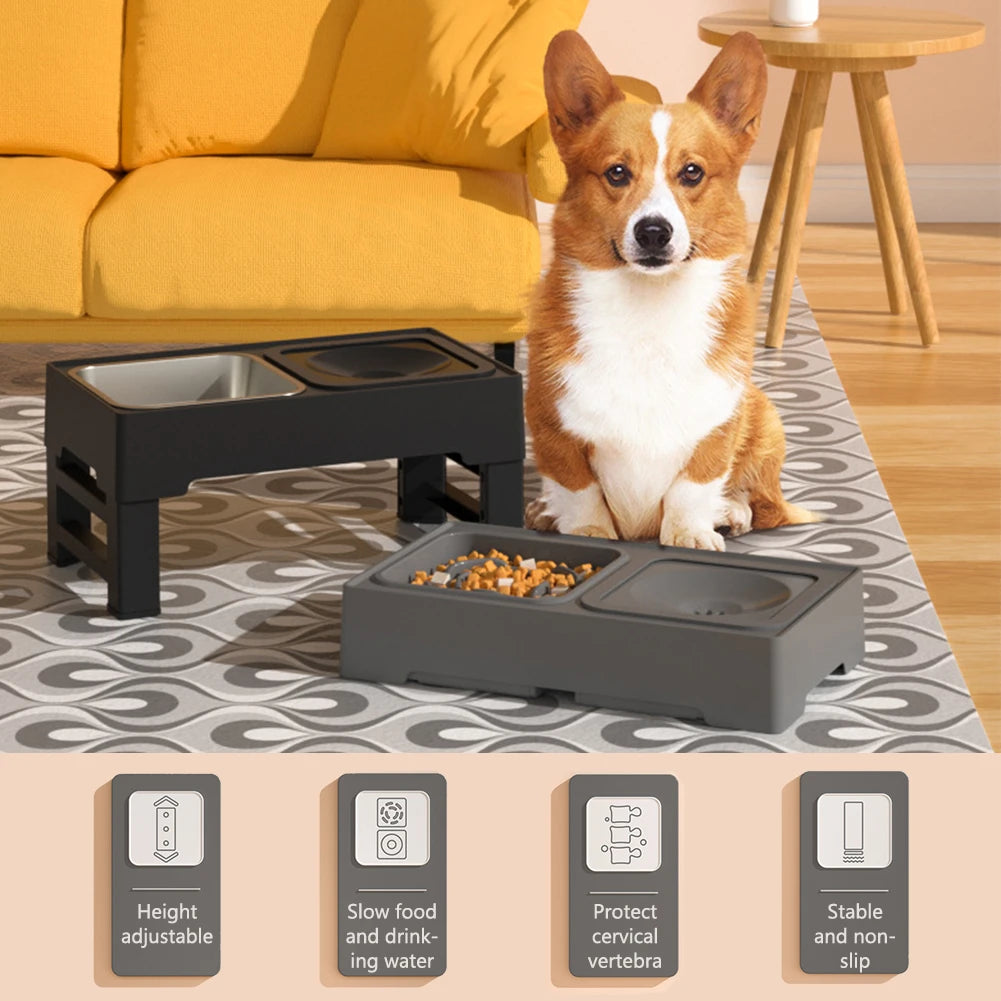 Elevated Dog Food Slow Feeder 4 Adjustable Heights Raised Dog Bowl Stand with Stainless Steel Bowls Anti Slip Dog Water Bowl
