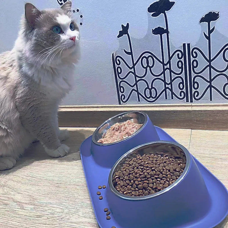 Stainless Steel Double Cat Dog Bowl Cat Food Container Plastic Non-slip Base Pet Water Feeder Tilt Safeguard Neck Puppy Cat Bowl