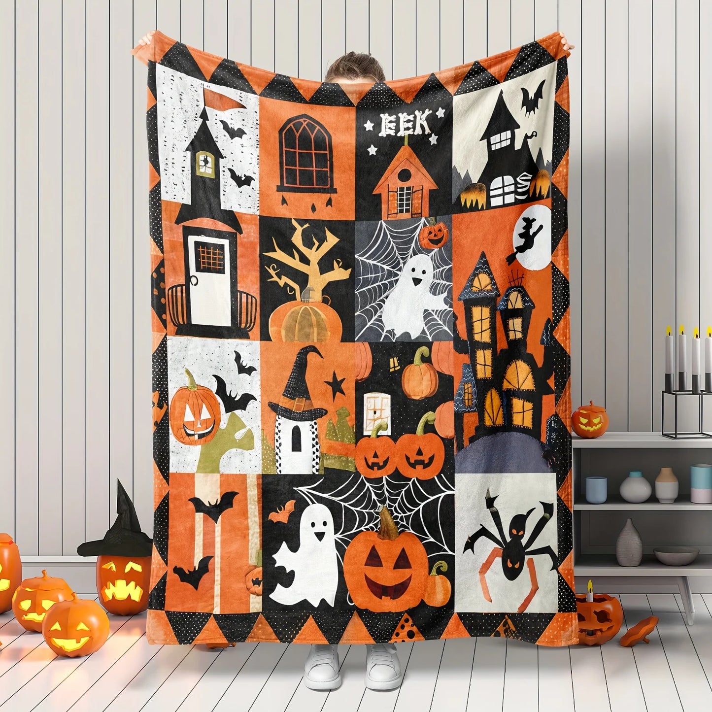 Flannel Halloween Throw Blanket - Contemporary Style, Seasonal Autumn Theme, Soft Polyester, Knitted Weave, Digital Print, Spook
