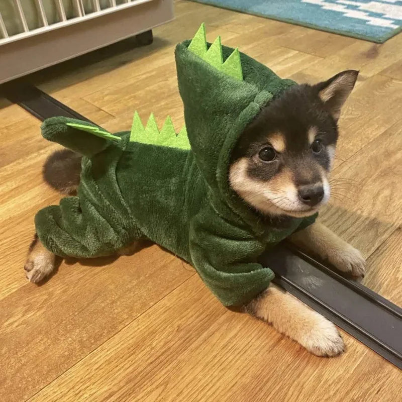 Dinosaur Costume Thermal Outfit for Small Dogs: 4-Leg Warm Jumpsuit with Hood for Pets - Cute & Cozy Winter Pet Clothing