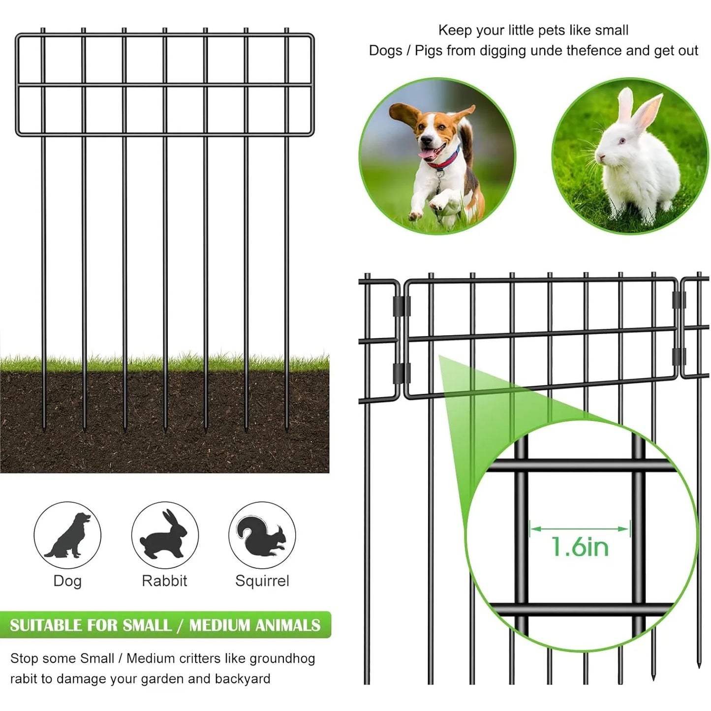 25-Pack Rustproof Animal Fence - 17inHx27ftL No-Dig Metal Wire Panels for Garden/Patio, Pet Barrier with Ground Stakes (Black)