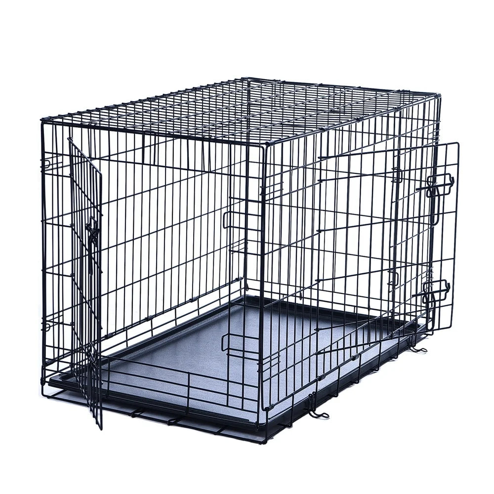 36inch Double-Door Foldable Metal Dog Crate with Tray Divider Heavy-Duty Wire Kennel Large Dogs Easy Assembly Transport