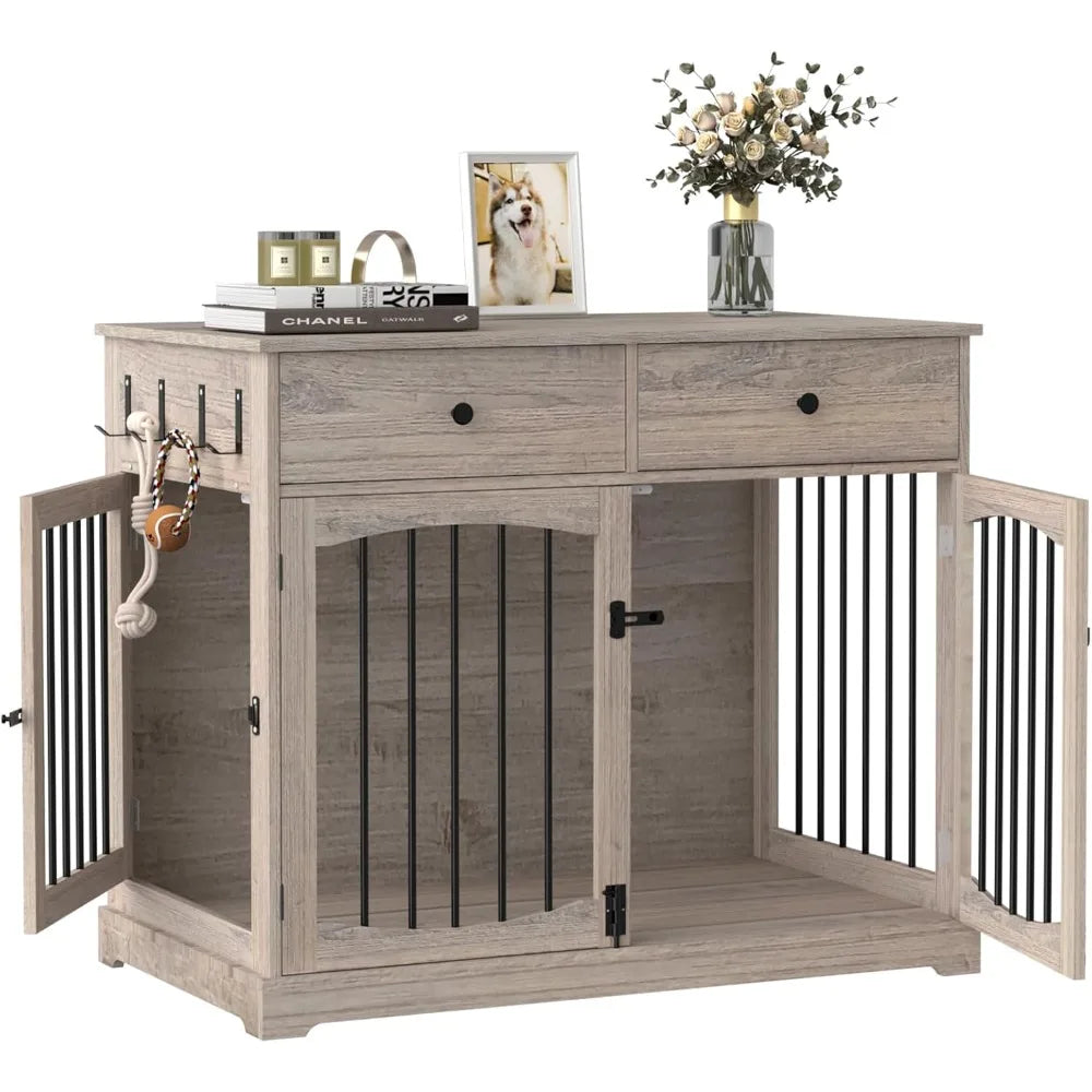 Dog Crate Furniture-Farmhouse Dog Kennel with Drawers-End Table Wooden Pet Crate, Double Door Design,Decorative Dog House Indoor