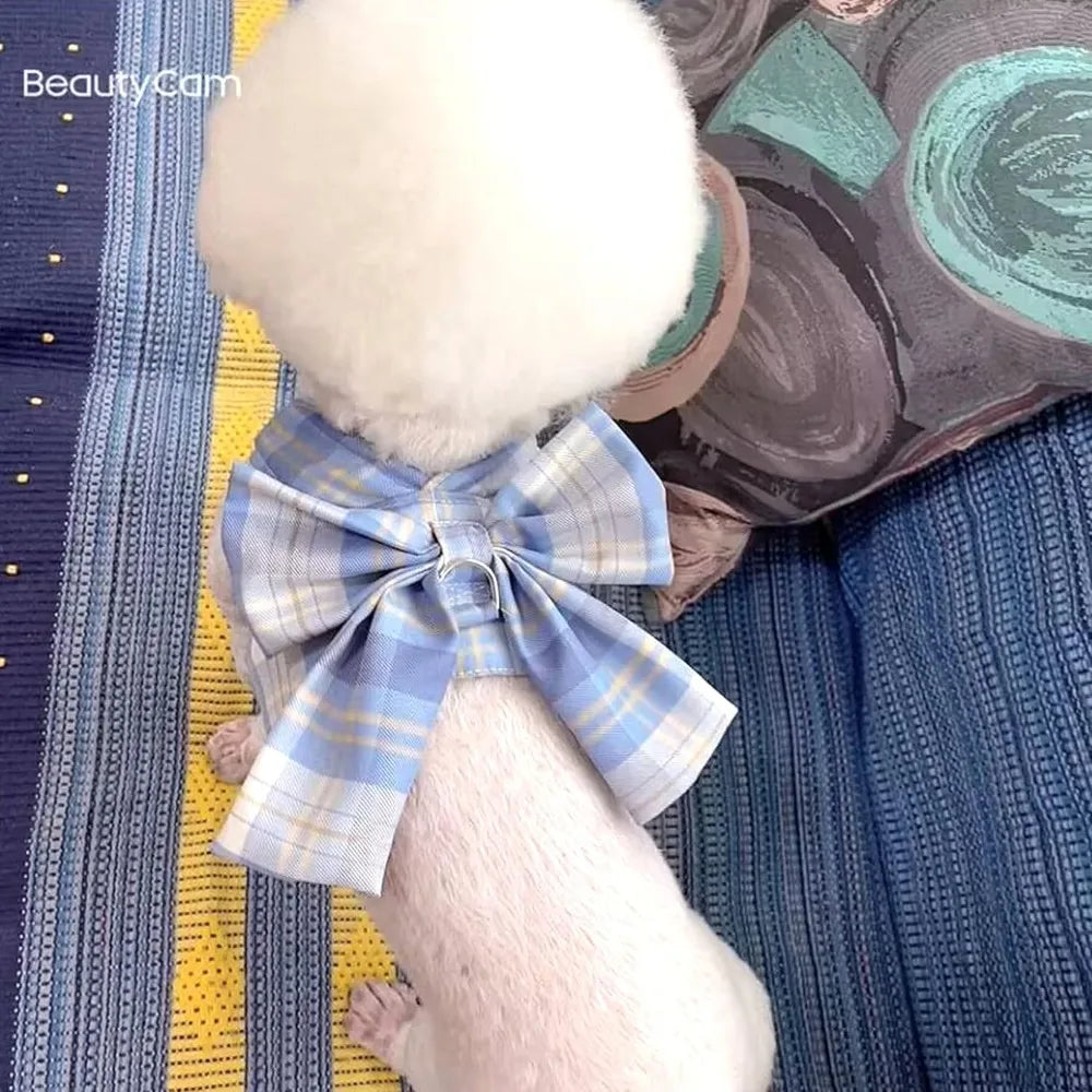 Plaid Dog Dress Bow Tie Harness Leash Set,Dog Clothes Harness Dress with Leash Ring for Small Dogs Girl, Puppy Princess Rabbit C