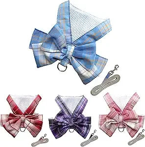 Plaid Dog Dress Bow Tie Harness Leash Set,Dog Clothes Harness Dress with Leash Ring for Small Dogs Girl, Puppy Princess Rabbit C