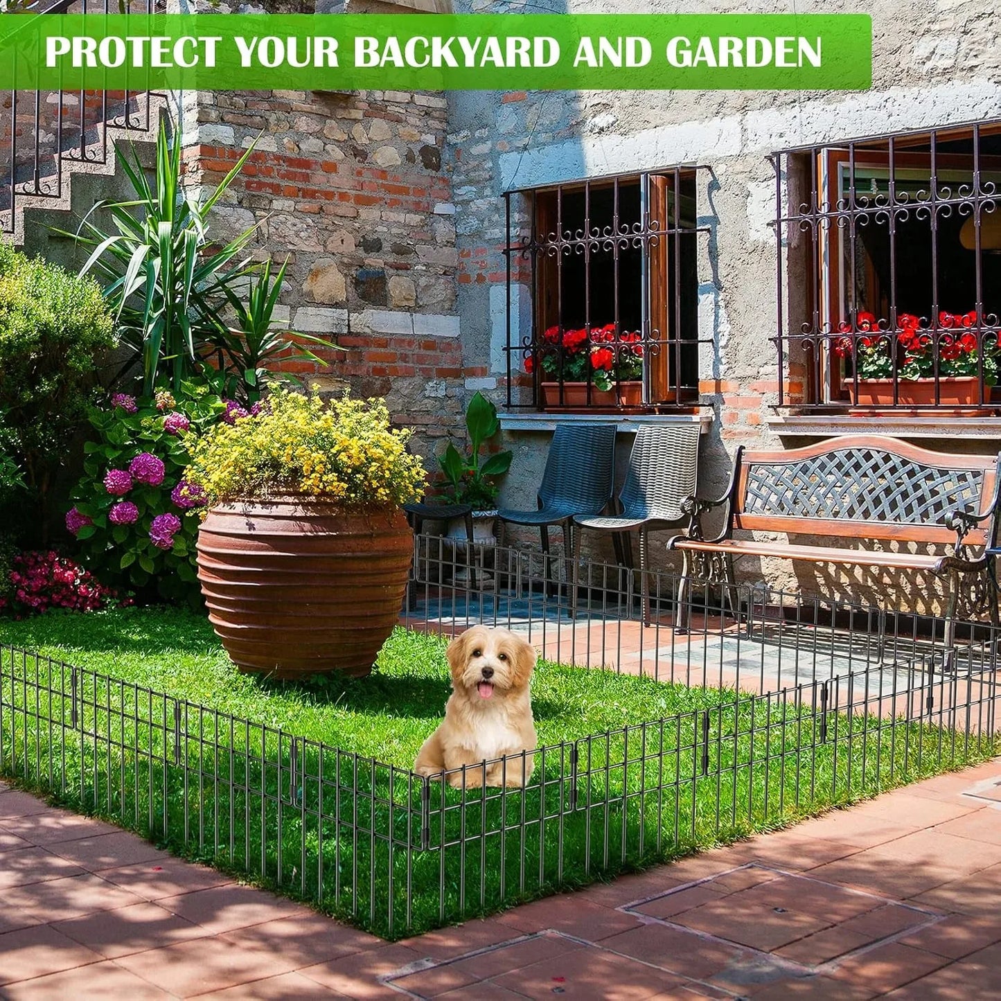 25-Pack Rustproof Animal Fence - 17inHx27ftL No-Dig Metal Wire Panels for Garden/Patio, Pet Barrier with Ground Stakes (Black)