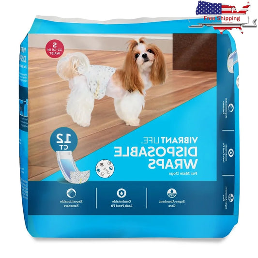 Disposable Male Dog Wraps Super Absorbent Leak Proof with Wetness Indicator Repositionable Fasteners Small Size 12 Count