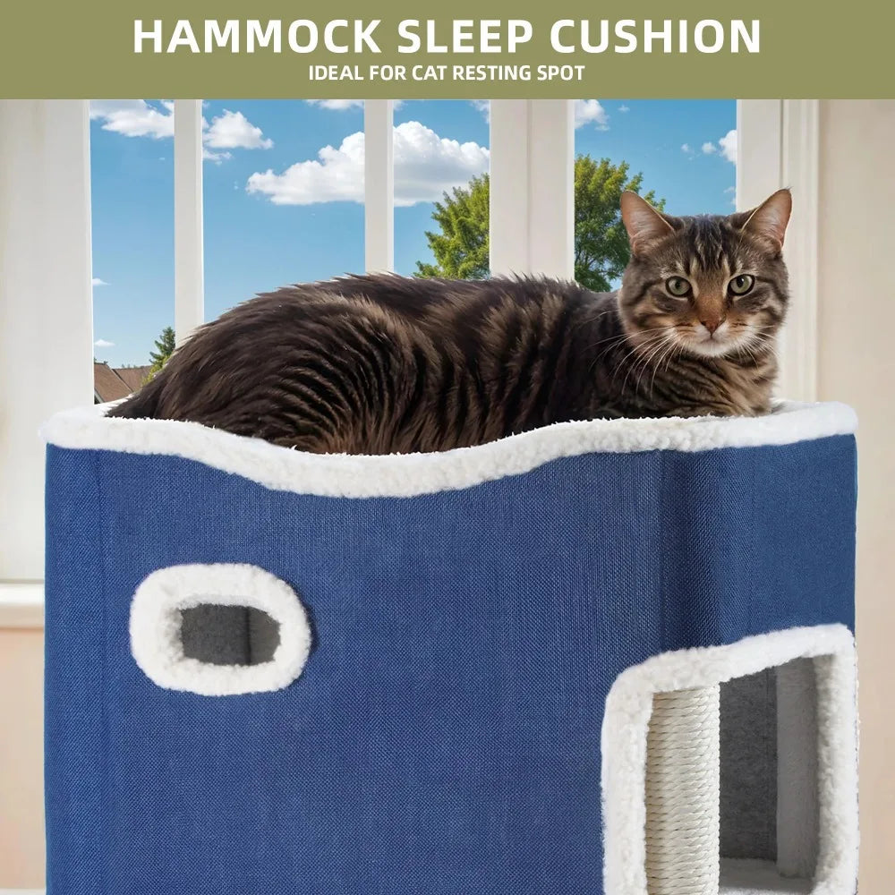 2-Level Plush Cat Condo with Cooling Mat & Soft Fleece Top, Multiple Scratching Posts, Cozy Hideout Cave, Blue Pet Furniture