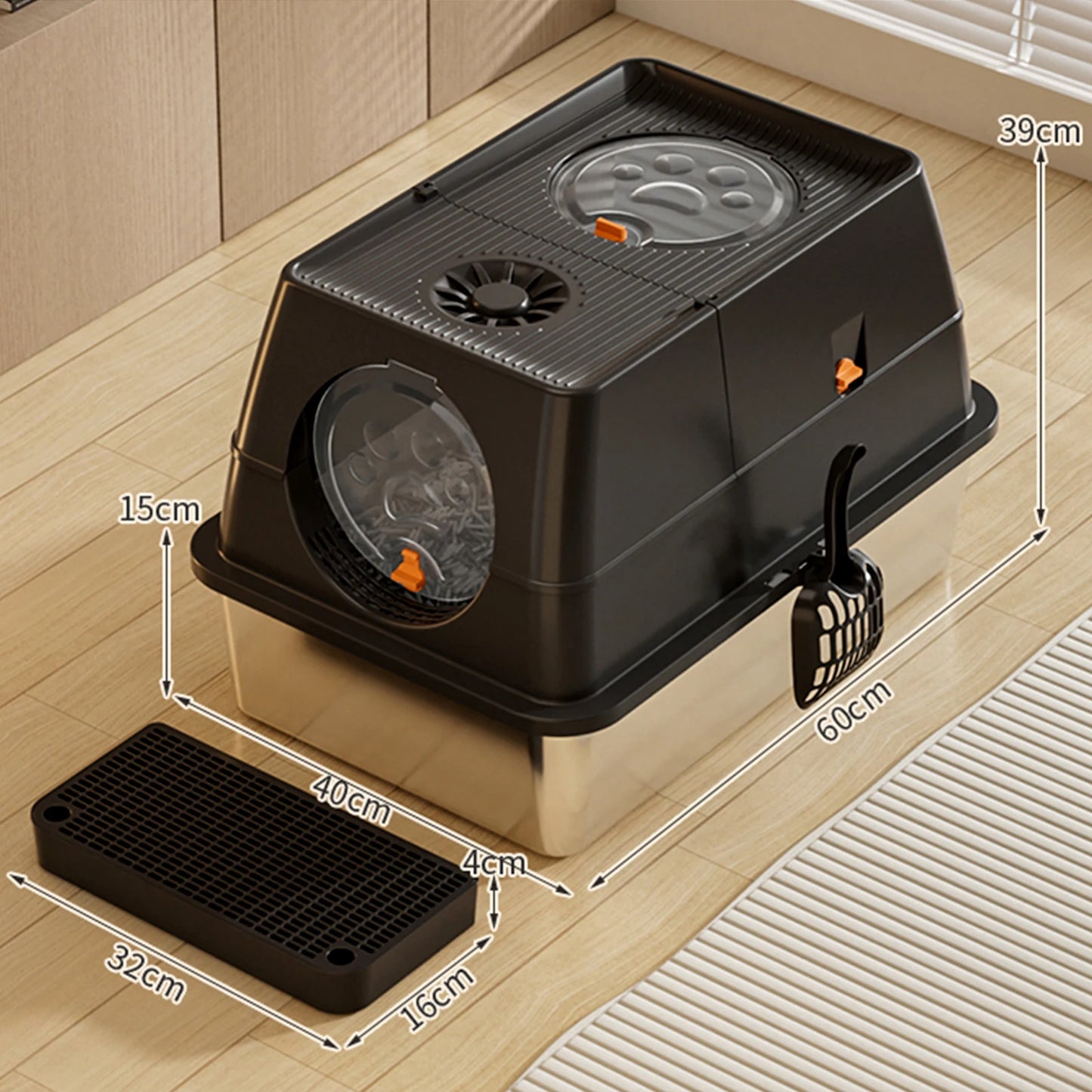 Stainless Steel Cat Litter Box with Lid Large Enclosed High Sided Litter Box Carbon Filters Easy Cleaning Anti-Urine Leakage