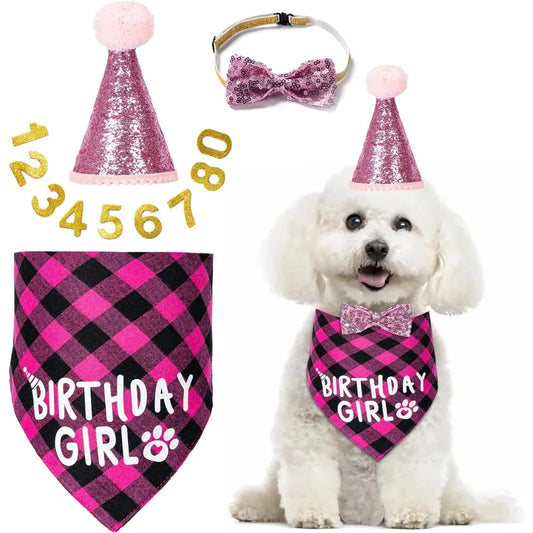Dog Birthday Party Supplies Decorations with Dog Bandanas/Birthday Hat/Bow Tie Collar with 0-8 Numbers, for Medium Small Dogs Pe