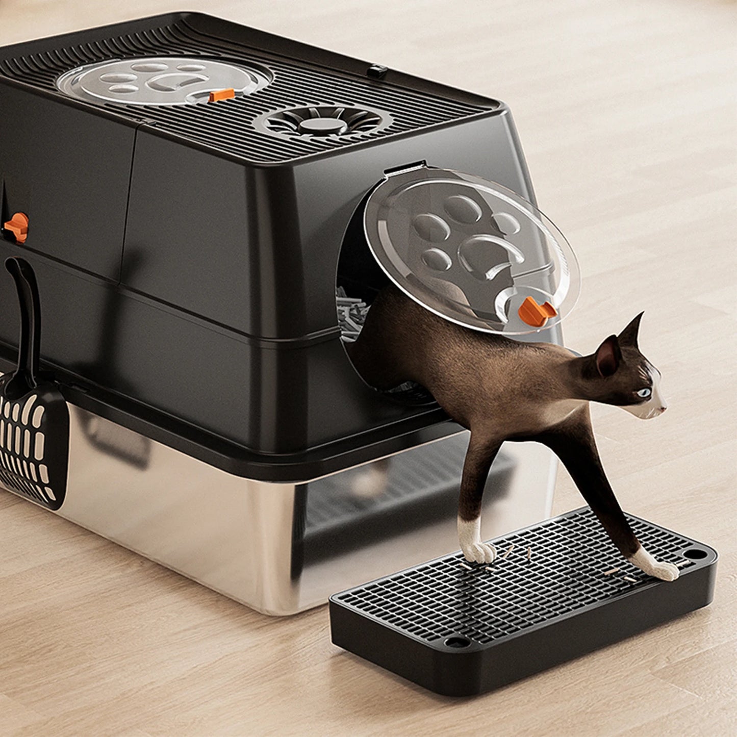 Stainless Steel Cat Litter Box with Lid Large Enclosed High Sided Litter Box Carbon Filters Easy Cleaning Anti-Urine Leakage