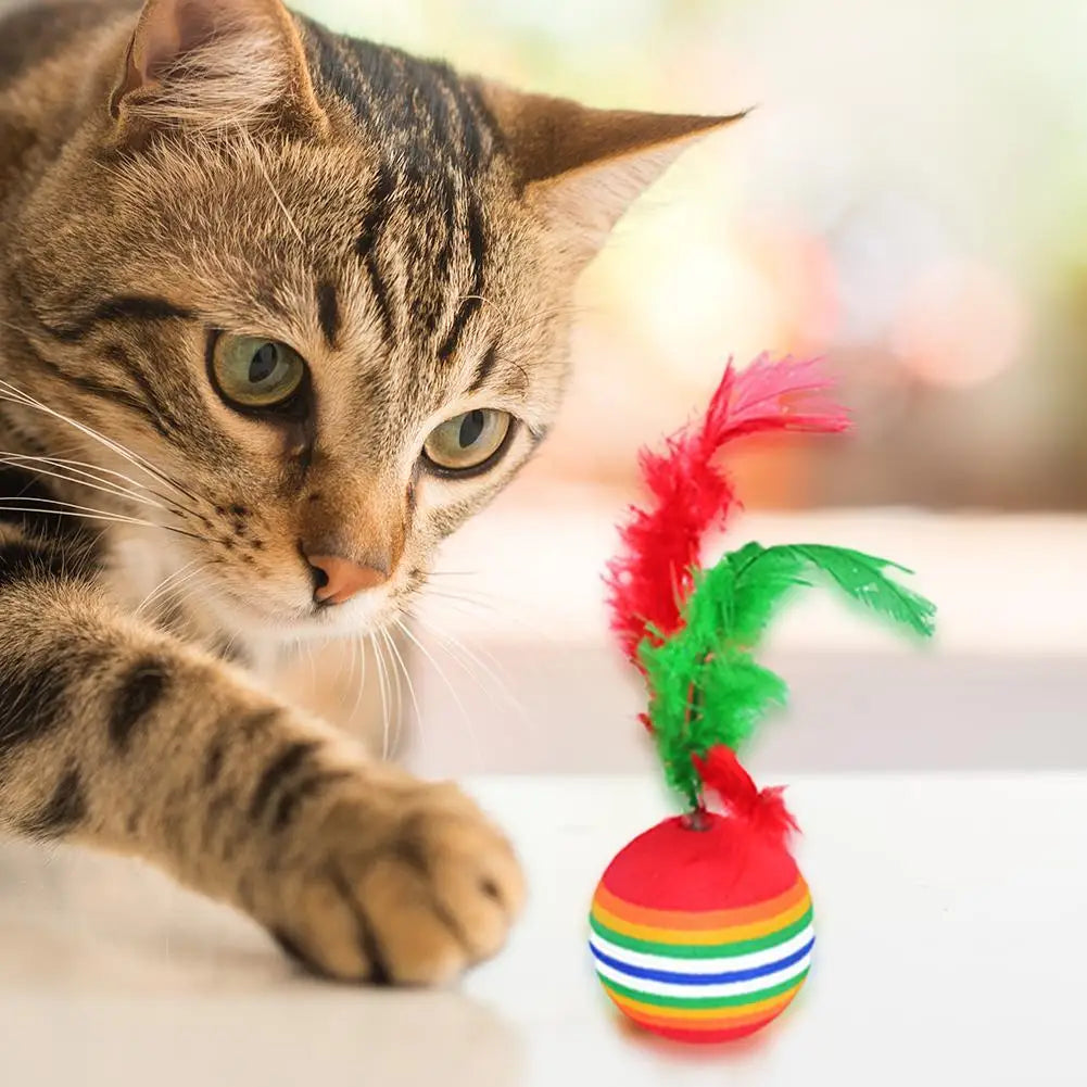 12pcs Kitten Colored Rainbow Toy Balls Lovely Teasing Toy with Feather for Cats