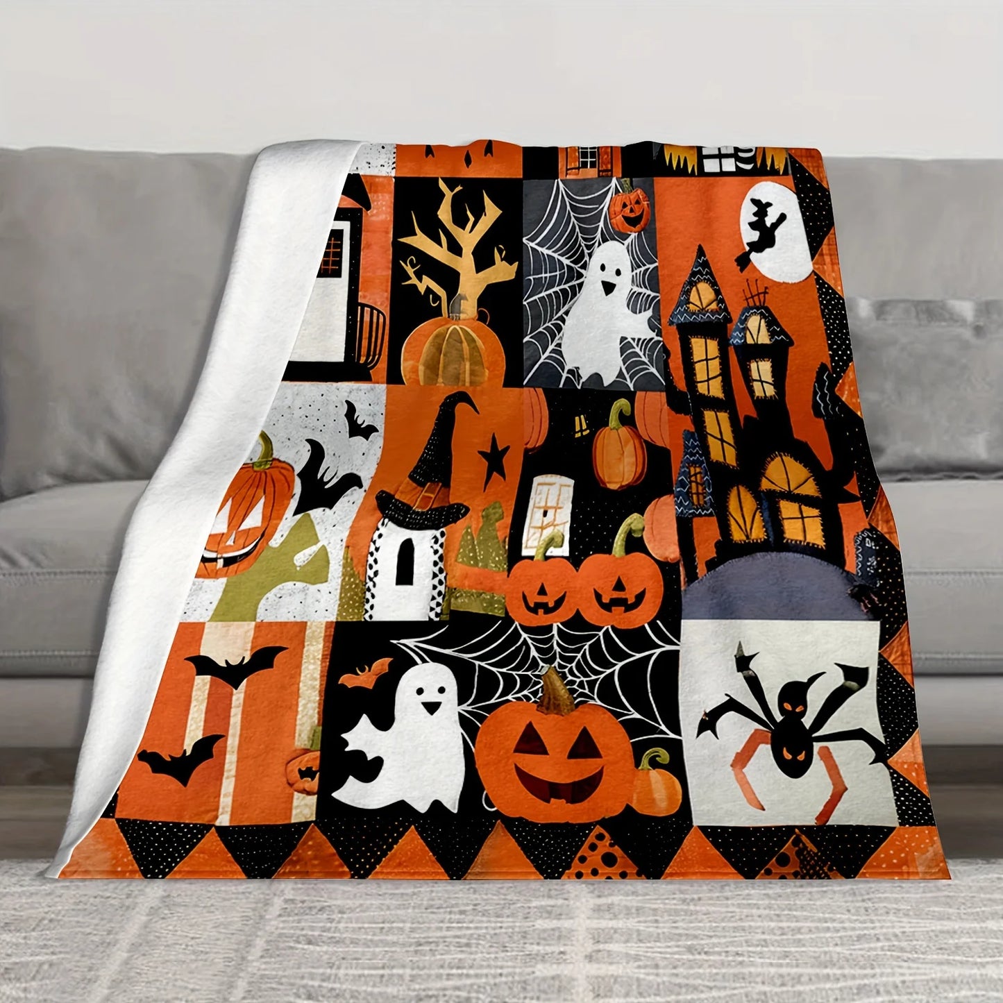 Flannel Halloween Throw Blanket - Contemporary Style, Seasonal Autumn Theme, Soft Polyester, Knitted Weave, Digital Print, Spook