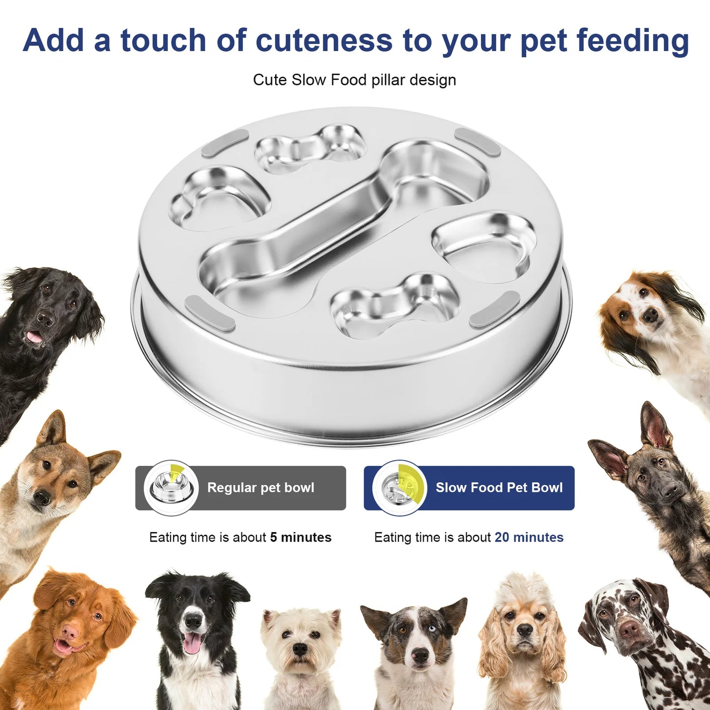 304 Stainless Steel Pet Dog Slow Feeder Bowl W/ Non-Slip Mat Dog Water Bowl Anti-Choking Pet Food Bowls for Small & Medium Dogs