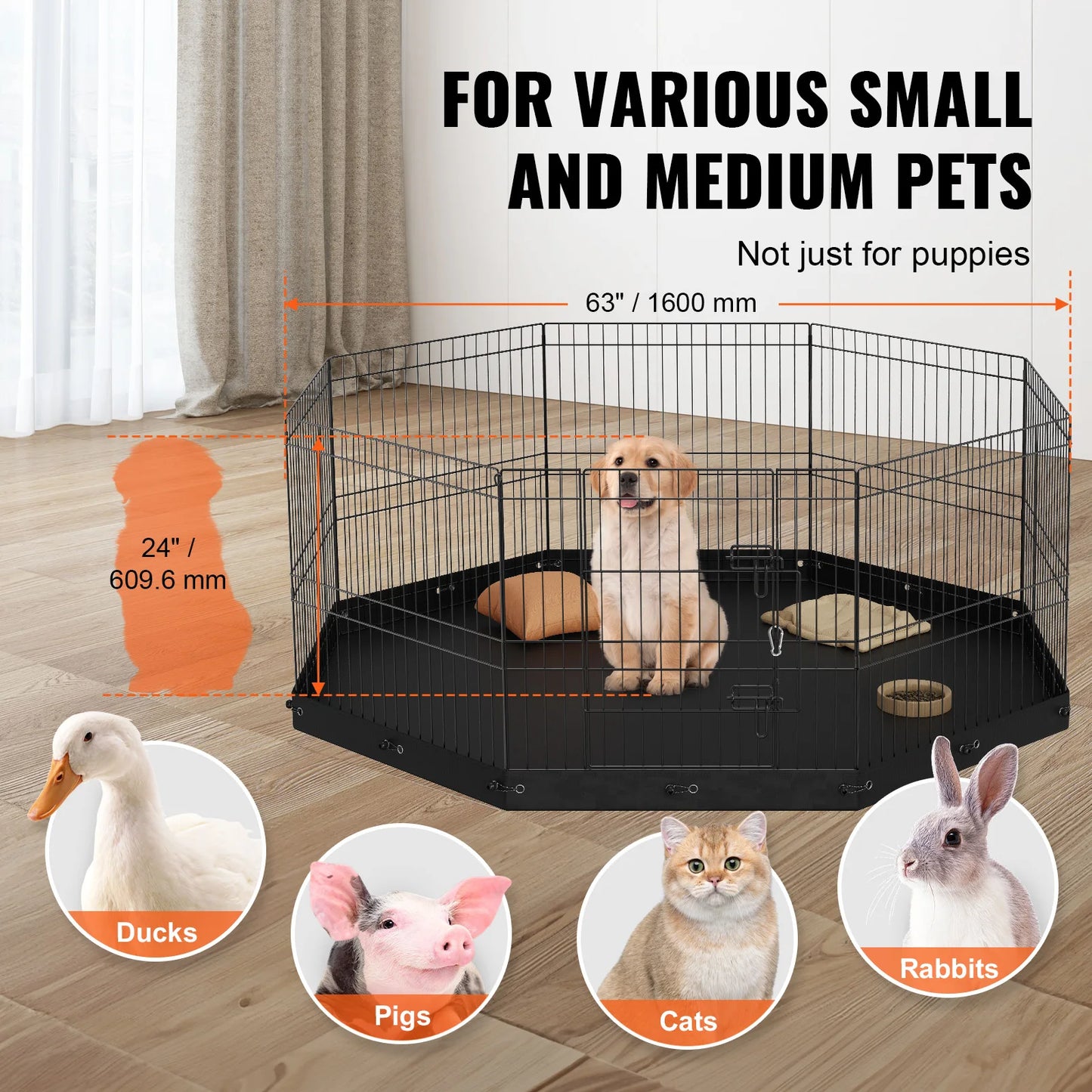 SucceBuy Dog Playpen 8 Panels Foldable Metal Dog Exercise Pet Fence with Bottom Pad Cover for Puppy Outdoor Camping Yard Kennel