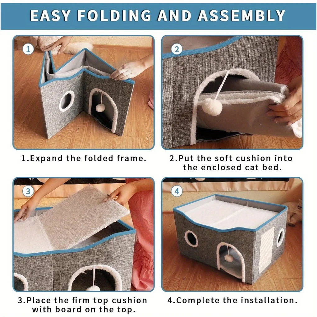 Extra-Wide Cat House for Indoor Cats - Large Cat Cave for Pet Cat House with Fluffy Ball Hanging and Scratch Pad, Foldable Cat