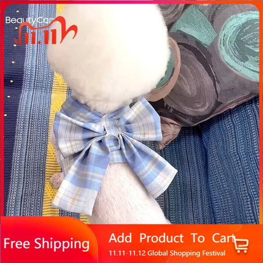 Plaid Dog Dress Bow Tie Harness Leash Set,Dog Clothes Harness Dress with Leash Ring for Small Dogs Girl, Puppy Princess Rabbit C