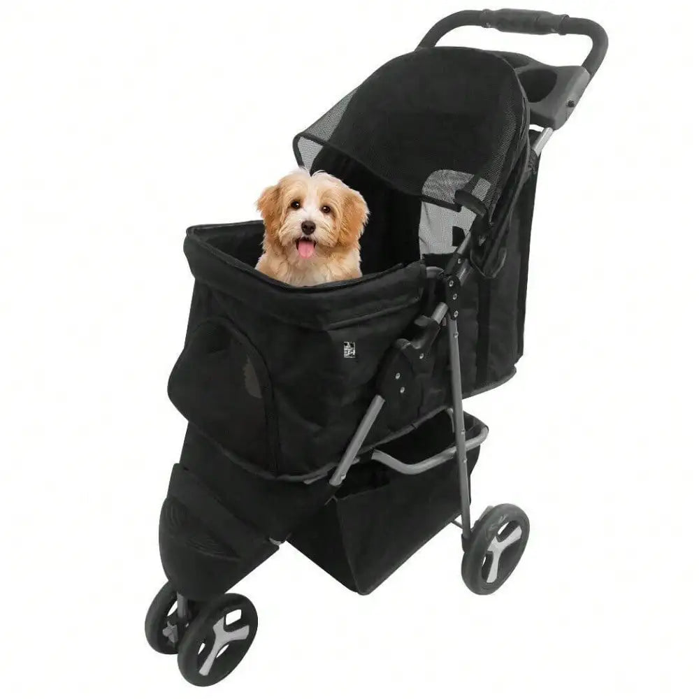 Foldable Pet Stroller 3 Wheels for Dogs Strolling Cart Carrier W/Storage Basket