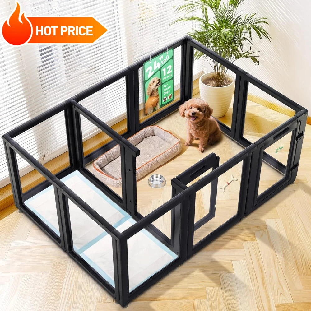 Furniture. 12 Panels 24 Inch Black Acrylic Indoor Unleashed Dog Playpen for Puppies and Small Dogs,Easy to Clean,Highly durable