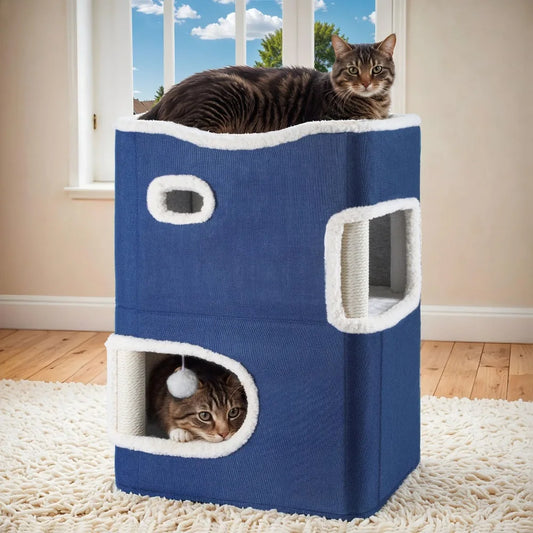 2-Level Plush Cat Condo with Cooling Mat & Soft Fleece Top, Multiple Scratching Posts, Cozy Hideout Cave, Blue Pet Furniture