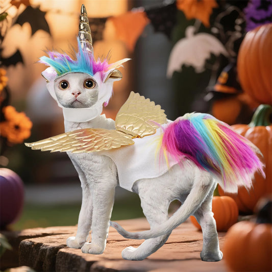 Funny Pet Cat Unicorn Costume Set with Horn Wings and Rainbow Mane - Adorable Cosplay Outfit for Halloween Party Supplies and