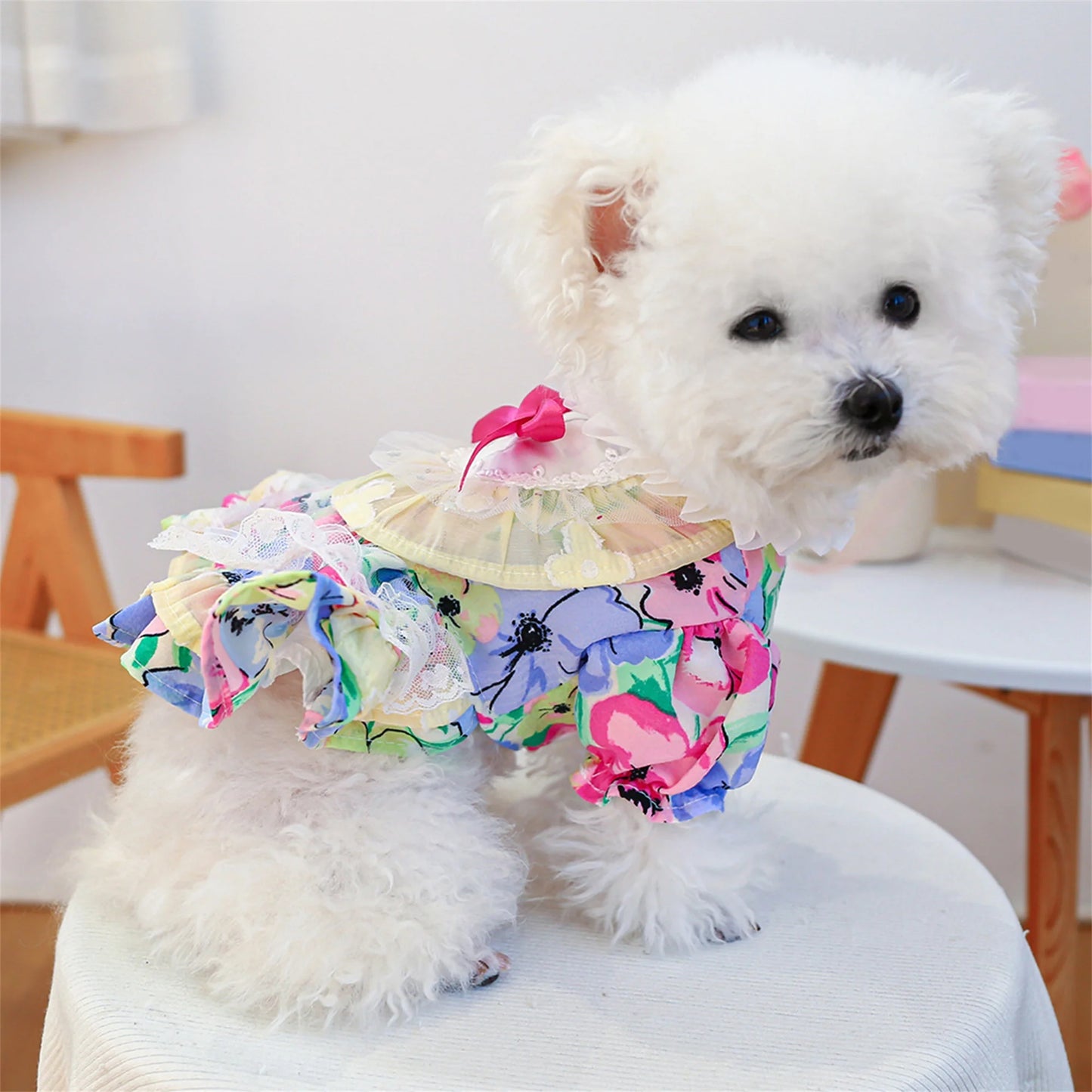 Elegant Floral Lace Embroidered Pet Dress with Bubble Sleeves and Bow Detail - Stylish Princess Dog Costume