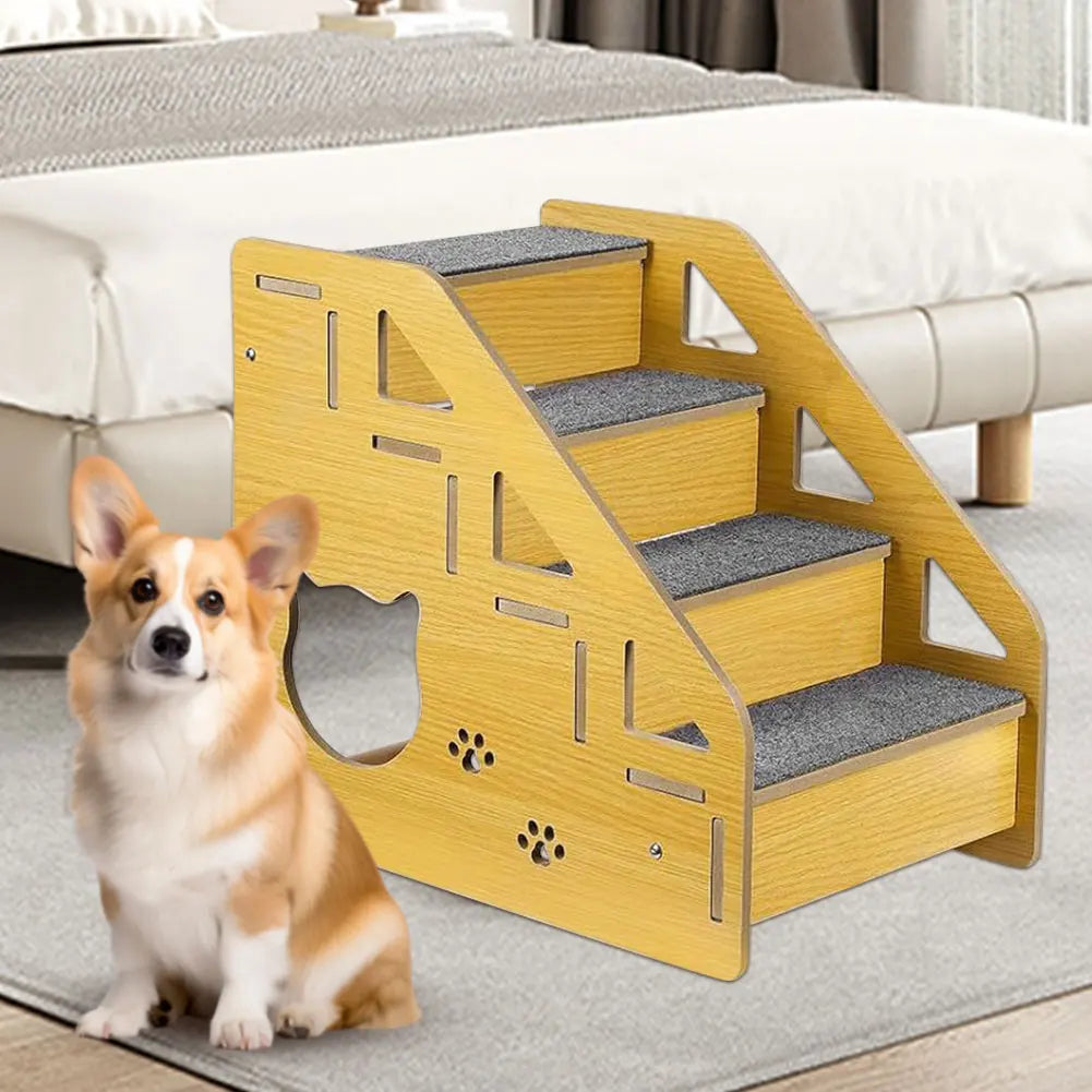 4-Step Wooden Pet Stairs Nonslip Carpeted Cat and Dog Steps Dog Stairs Ramp Sofa Ladder for Dogs and Cats for Bed