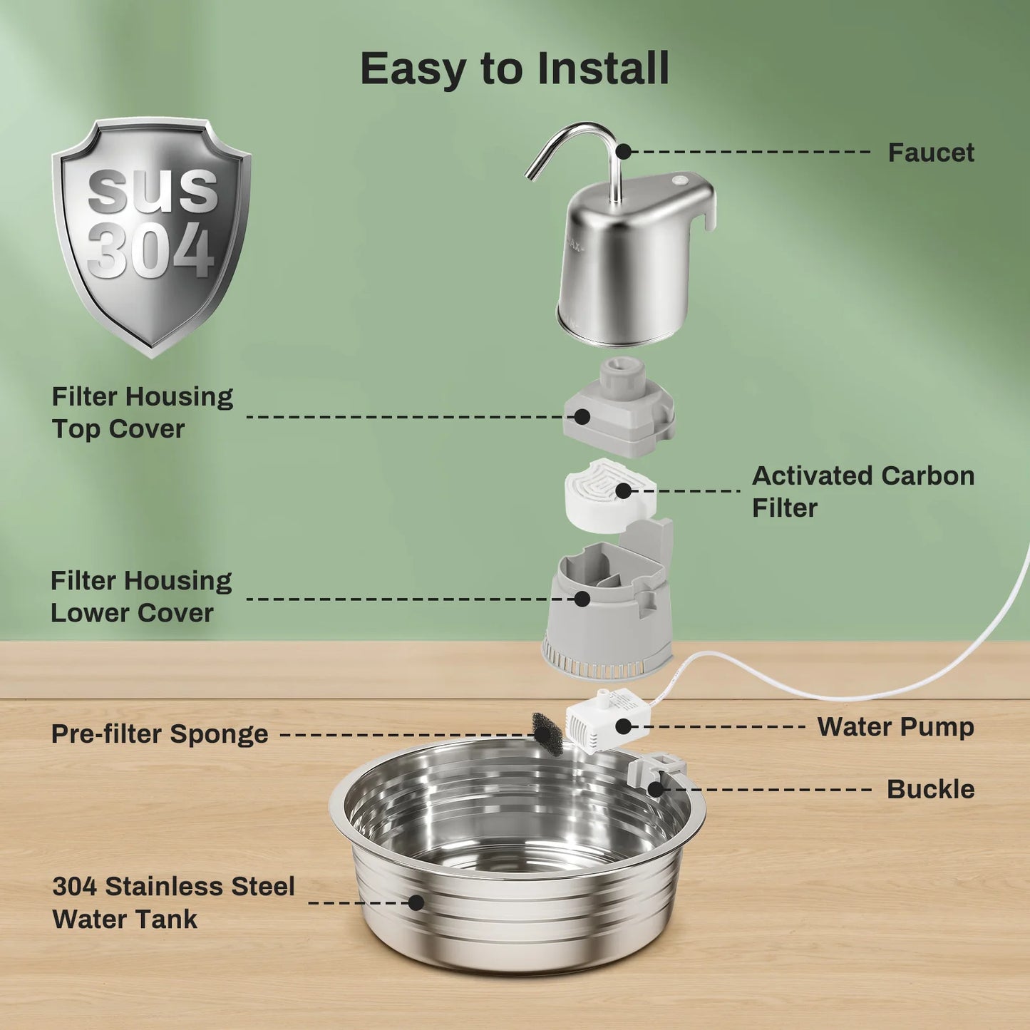 Cat Water Fountain Stainless Steel, 108oz/3.2L Pet Water Fountain With Ultra Quiet Pump, Filtration System,Water Level Window