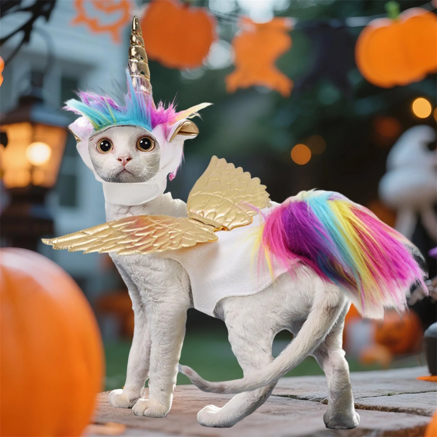Funny Pet Cat Unicorn Costume Set with Horn Wings and Rainbow Mane - Adorable Cosplay Outfit for Halloween Party Supplies and