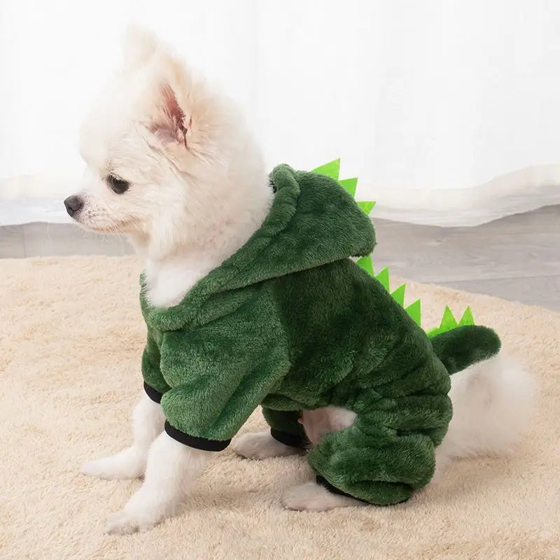 Dinosaur Costume Thermal Outfit for Small Dogs: 4-Leg Warm Jumpsuit with Hood for Pets - Cute & Cozy Winter Pet Clothing