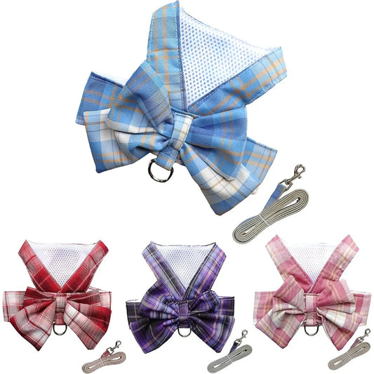 Plaid Dog Dress Bow Tie Harness Leash Set,Dog Clothes Harness Dress with Leash Ring for Small Dogs Girl, Puppy Princess Rabbit C