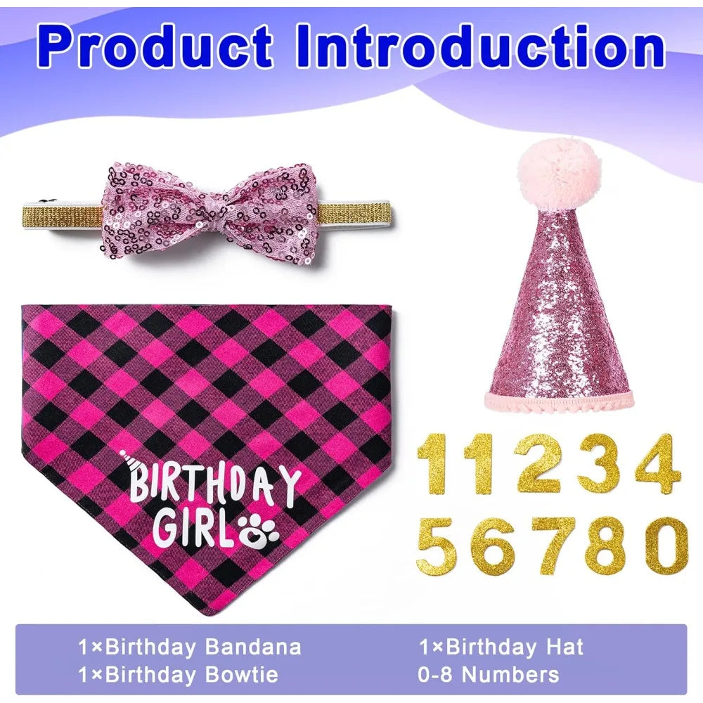 Dog Birthday Party Supplies Decorations with Dog Bandanas/Birthday Hat/Bow Tie Collar with 0-8 Numbers, for Medium Small Dogs Pe