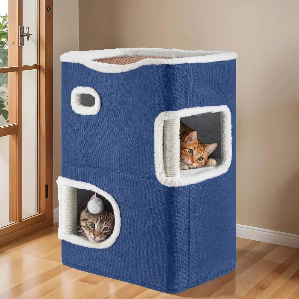 2-Level Plush Cat Condo with Cooling Mat & Soft Fleece Top, Multiple Scratching Posts, Cozy Hideout Cave, Blue Pet Furniture