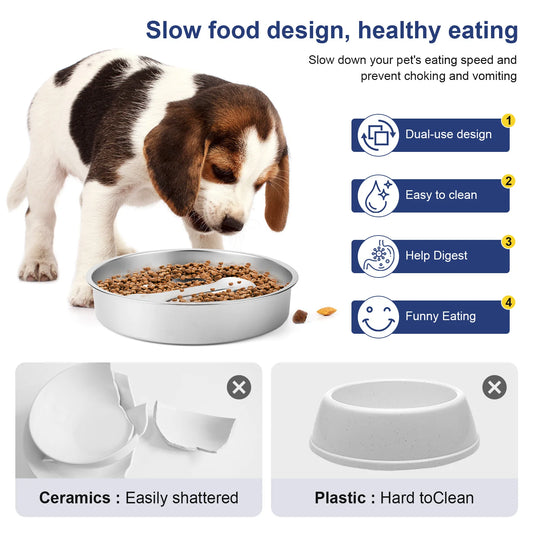 304 Stainless Steel Pet Dog Slow Feeder Bowl W/ Non-Slip Mat Dog Water Bowl Anti-Choking Pet Food Bowls for Small & Medium Dogs