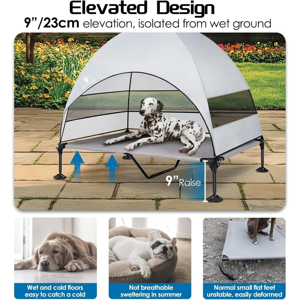 Elevated Dog Bed with Upgraded Canopy, Raised Outdoor Dog Tent with Powerful Anti-Slip Feet, Portable Pet Cot with Larger Shade,